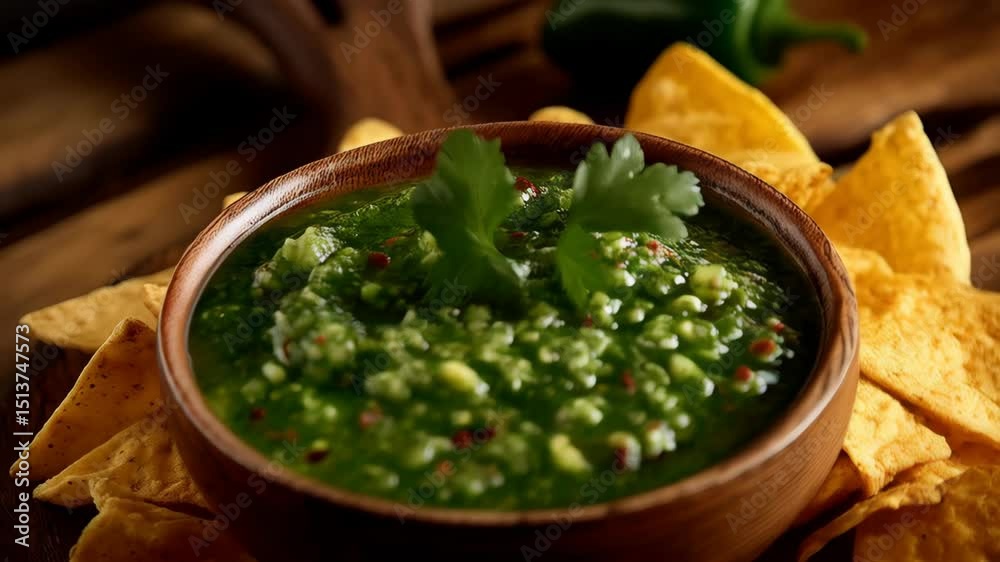 Zesty tomatillo salsa verde served in rustic wooden bowl with crispy tortilla chips and spicy jalapeno pepper on a wooden board.