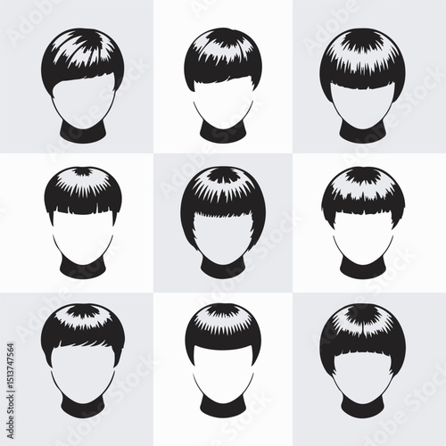 Collection of stylized black and white bob hairstyles representing diverse haircut variations for design and illustration