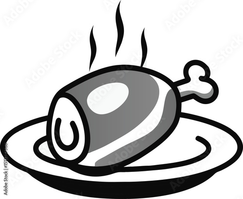 Meat platter icon
A black outlined vector icon of a cooked ham with bone on a serving plate vector illustration on transparent background.
