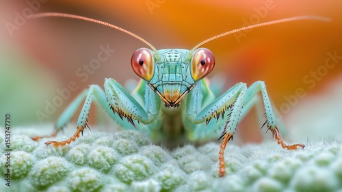 Tiny green insect blending into soft leafy background with green-beige gradient.
