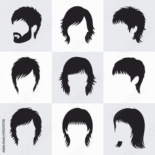 Collection of trendy silhouetted hairstyles depicting various modern haircuts for men and women in a stylish grid