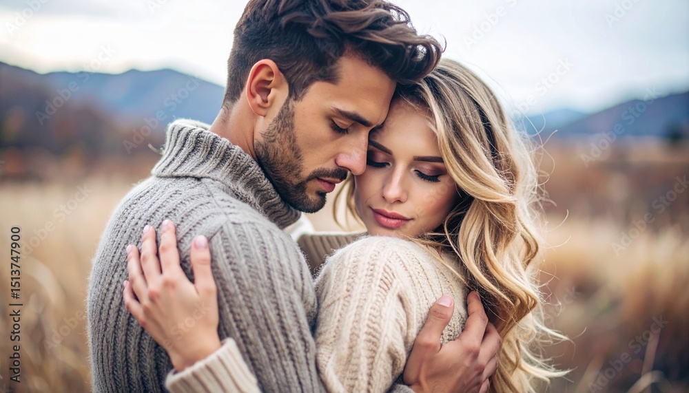 Obraz premium A passionate embrace, hearts intertwined. A couple in love, deeply connected, lost in the moment. Pursuing their passions, fully engaged in life's vibrant energy. Love and dreams woven together.