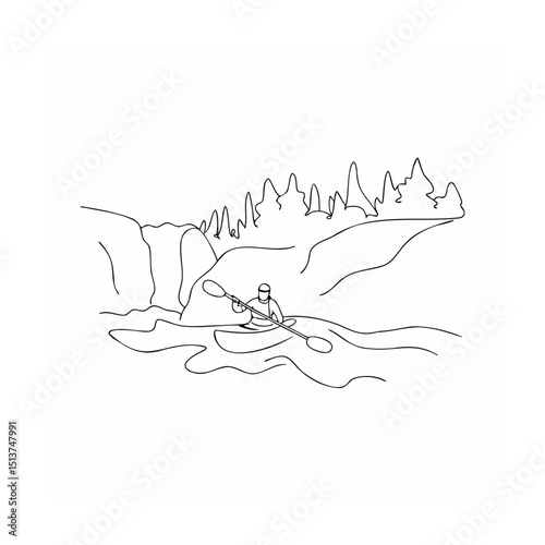 Minimalist outline of a kayaker paddling through a river in a rocky landscape