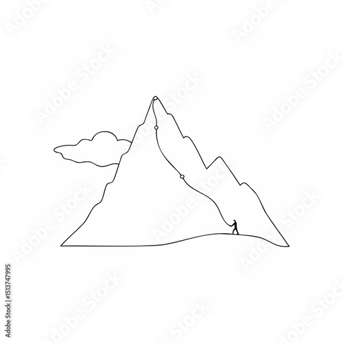 Minimalist line drawing of a mountain climber ascending to the summit in black and white