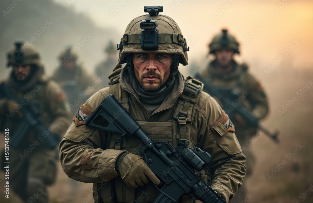 Fototapeta premium Navy special forces soldiers in combat. Soldiers with weapons in a foggy war zone. Tactical training, intense action, battlefield environment, military operation. Courage, readiness.