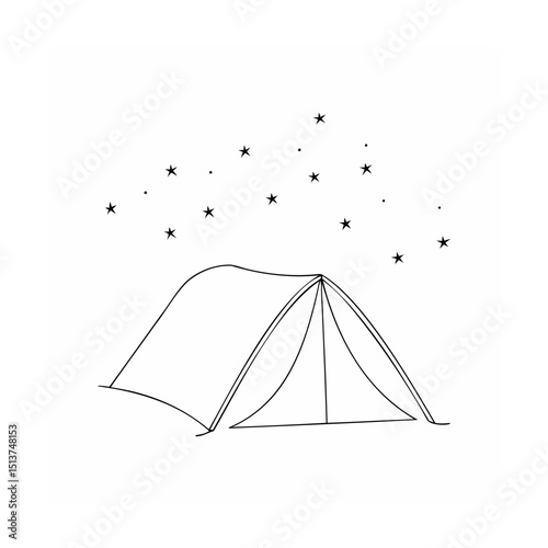 Simple camping tent under a sky full of stars minimalist line art illustration