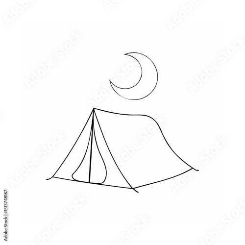 Minimalist line art illustration of camping tent and crescent moon in the night sky