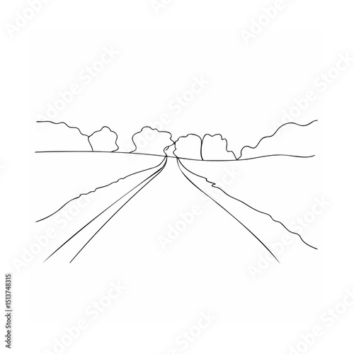 Simple black and white illustration of a road leading through a landscape scene