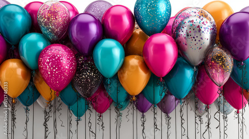 Colorful balloons isolated on png background. Festive 3d helium balloons, vector template for anniversary, birthday party design. Birthday baloon flying for party. Vector celebration banner.