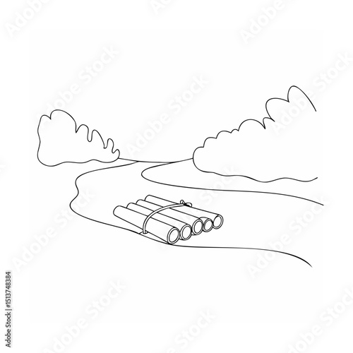 Simple outline illustration of a river scene with a wooden raft and bush outlines