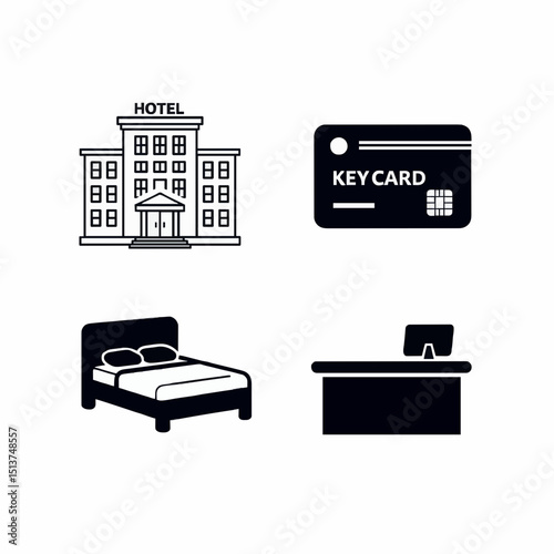 Vector illustration showcasing a hotel building, key card, bed, and reception desk representing accommodation and hospitality-related services