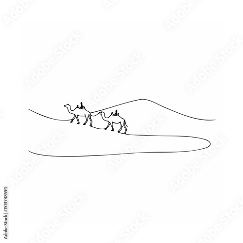 Continuous line illustration of camels walking across a desert dune with travelers on their backs