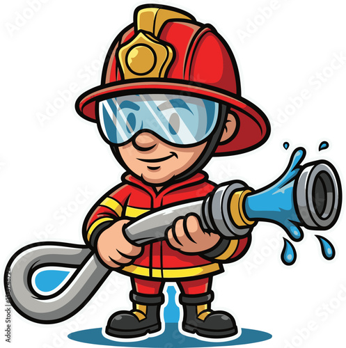 Cute Cartoon Firefighter with Hose