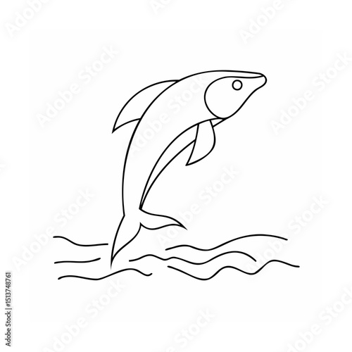 Simple line drawing of a jumping fish with water waves isolated on white background