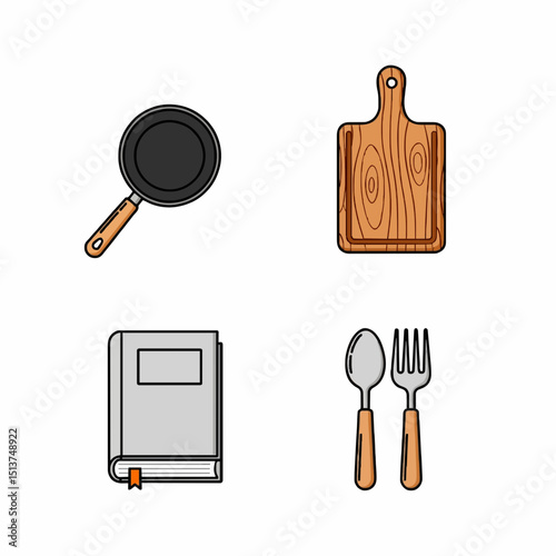 Kitchen Utensils and Recipe Book Layout with Wooden Cutting Board and Pan