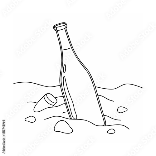Simple black and white illustration of a bottle in the sand with rocks and decorative details