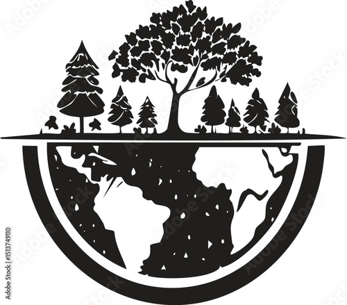 Earth Tree Nature Logo Design – Environmental Planet Silhouette with Forest and Continents