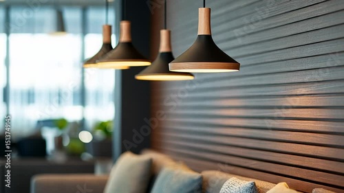 Modern interior design with pendant lamps and wooden wall photo