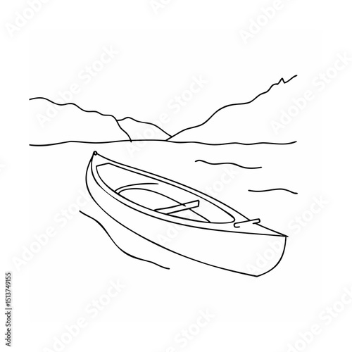 Hand drawn canoe on a lake with mountains in the background black and white illustration