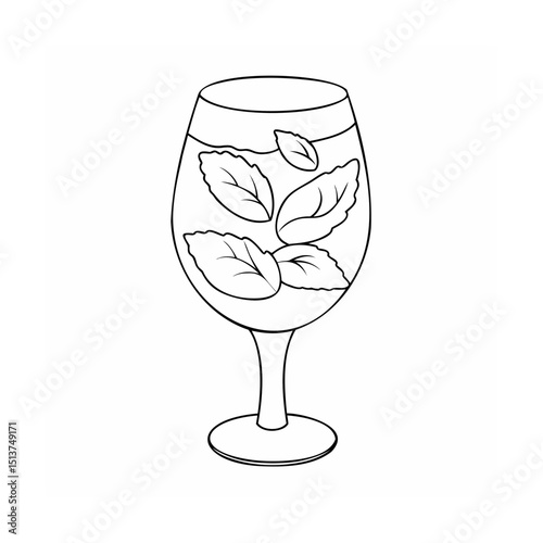Black and white illustration of a refreshing cocktail with mint leaves in a stemmed glass.