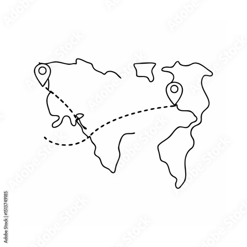 Minimalist world map illustration showing travel route and destination locations