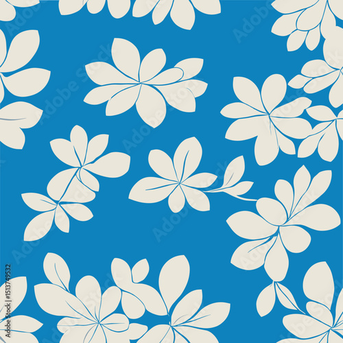 Seamless floral pattern with cream leaves on blue background  