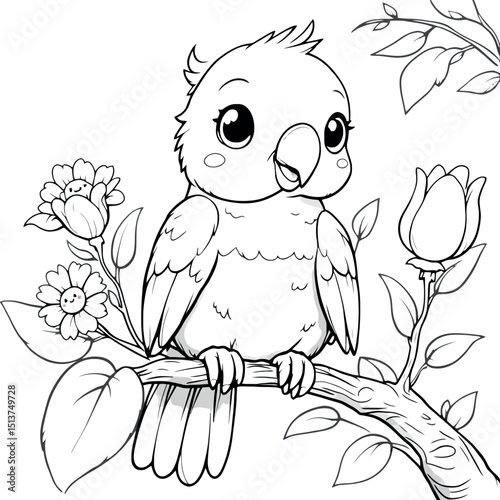 Cute Parrot Perched on a Flowering Branch Coloring Page for Kids and Adults