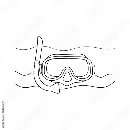 Simple black and white line art illustration of a snorkeling mask and snorkel in water