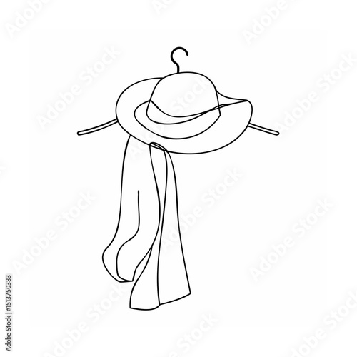 Elegant line drawing of hat and scarf hanging on a clothes hanger