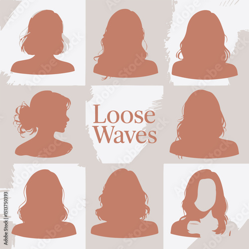 Stylish collection of various female hairstyles showcasing loose waves and elegant updo silhouettes against a neutral background