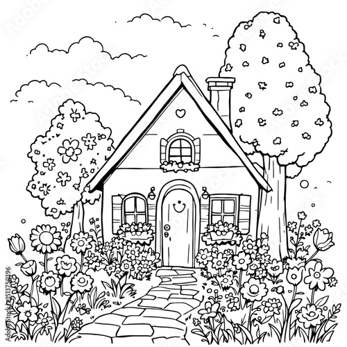 Whimsical House and Garden Coloring Page A Therapeutic Artistic Escape for Relaxation