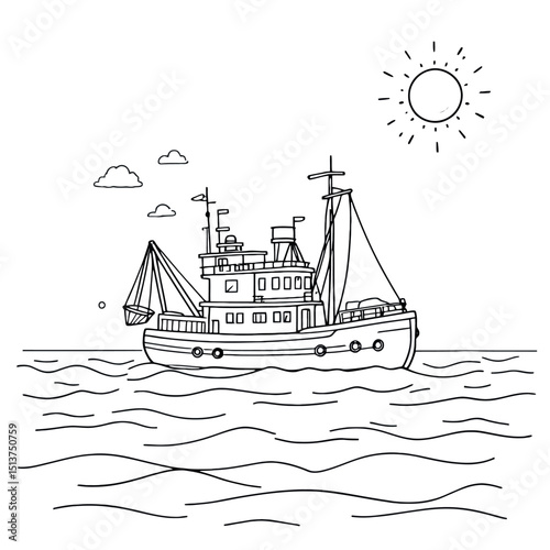 A Day at Sea A Fishing Boat on the Water With a Bright Sun