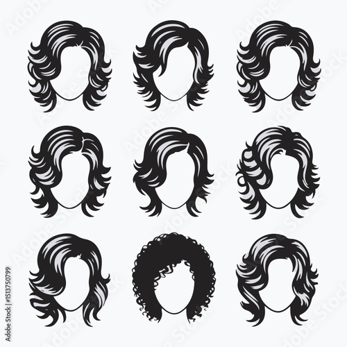 Vector illustration collection of diverse stylized female hairstyles showcasing various short and medium hair designs for fashion concepts
