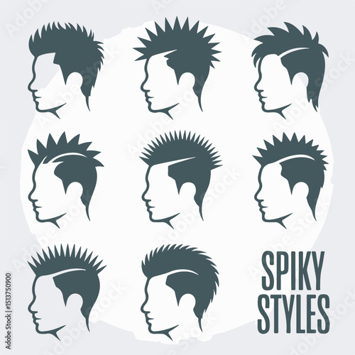 Vector illustration featuring a collection of fashionable and contemporary spiky hairstyle designs for men in dark tones