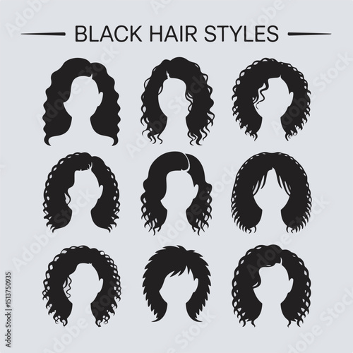 Vector illustration featuring a set of black hair styles as silhouetted representations on a light grey background