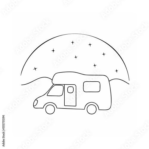 Vector illustration of a campervan under a starry night sky representing adventure