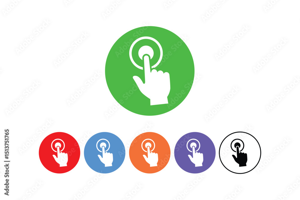 Touch and click icon set depicting fingertip pressing button for user interface action