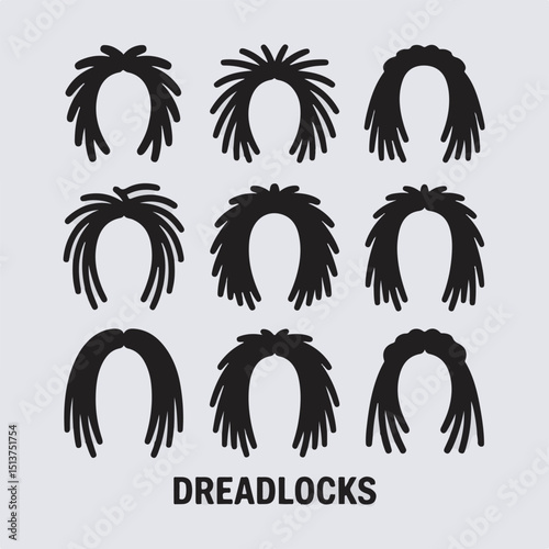 Vector illustration of nine different styles of dreadlocks in a modern flat design against a minimalist background