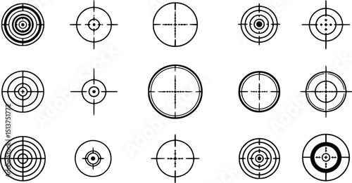 Target and aim icon set, crosshair, bullseye vector, precision, accuracy, and focus icon for aiming, archery, shooting, or navigation
