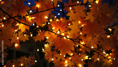 Autumn leaves illuminated by string lights against a dark background  