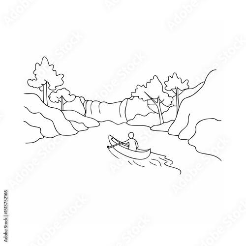 Canoeist enjoying a calm river surrounded by natural landscape and trees in monochrome outline