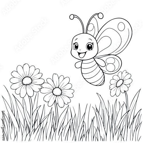 Cute Butterfly Flying Over Flowers Coloring Page Illustration Detailed Line Art Design
