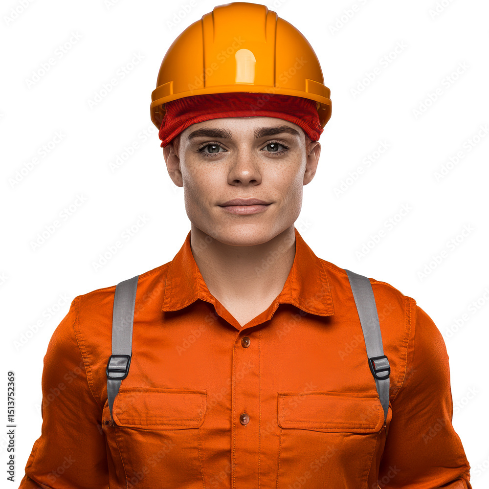 Portrait of worker in orange protective uniform, cut out transparent Portrait of worker in orange protective uniform, cut out transparent