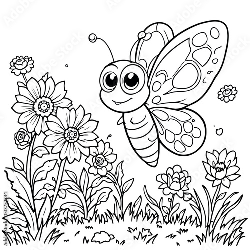 A Friendly Butterfly Amongst Beautiful Flowers A Coloring Page Line Art Illustration