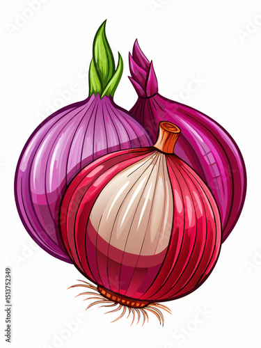 Vibrant Onion Trio: A visually appealing composition of three fresh red onions, artfully arranged, ready to infuse any culinary creation with their bold flavor and healthful properties.