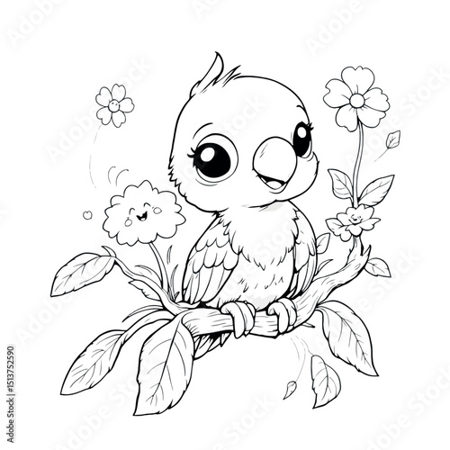 Adorable Baby Bird Perched on a Branch with Flowers Coloring Page