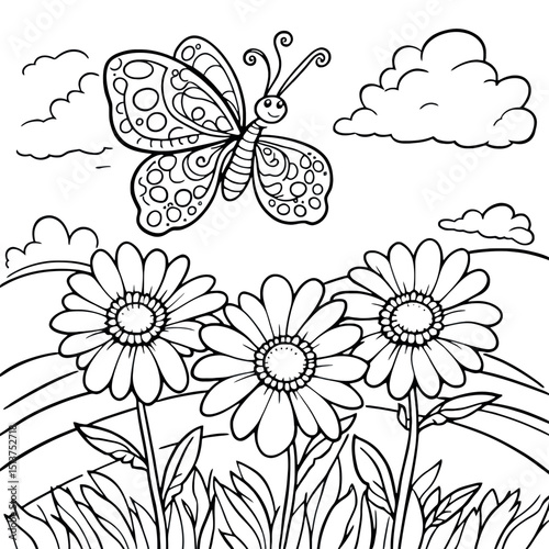 A Beautiful Coloring Page With Daisy Flowers Butterfly Clouds And Rainbow Illustration
