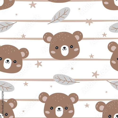 Cute bear pattern on stripe background. Cartoon animal background. Design for wallpaper, wrapping paper, print design, kids apparel, clothes. Vector illustration