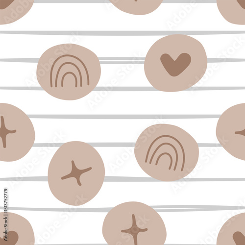 A seamless minimalist pattern with hand-drawn abstract elements in neutral beige tones. Design includes rainbows, stars, and heart shapes placed on soft round blobs, arranged over stripe background