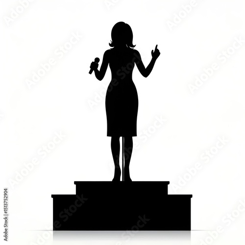 A black silhouette of a woman in a dress stands on a tiered platform holding a microphone in one hand and pointing upwards with the other
